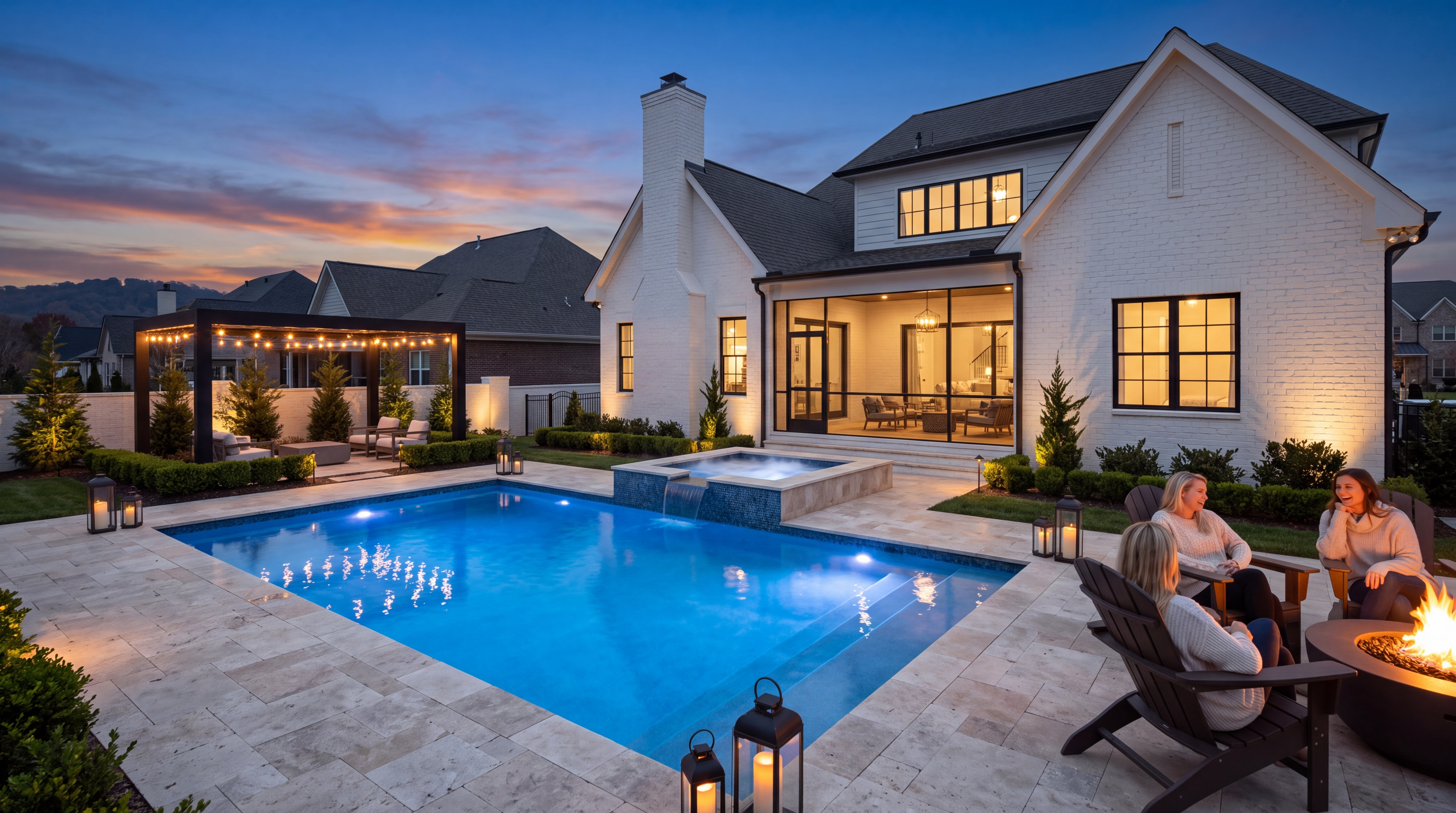 Gunite pool and spa with fire pit lounge at dusk built by Backyard Resort Pools in Mt. Juliet, TN